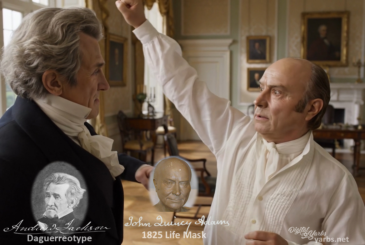 Fictional fight scene between Andrew Jackson and John Quincy Adams, featuring historically reconstructed likenesses based on Jackson's authentic daguerreotypes and Adams' 1825 life mask