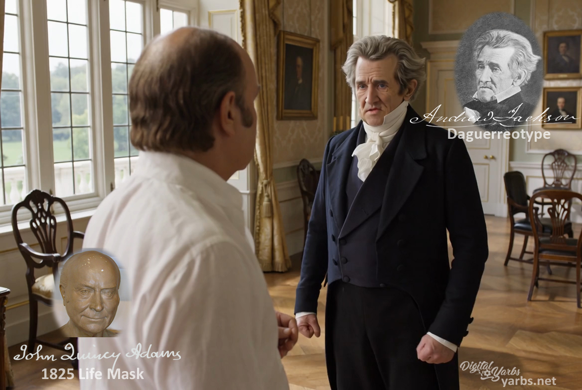 Fictional fight scene between Andrew Jackson and John Quincy Adams, featuring historically reconstructed likenesses based on Jackson's authentic daguerreotypes and Adams' 1825 life mask