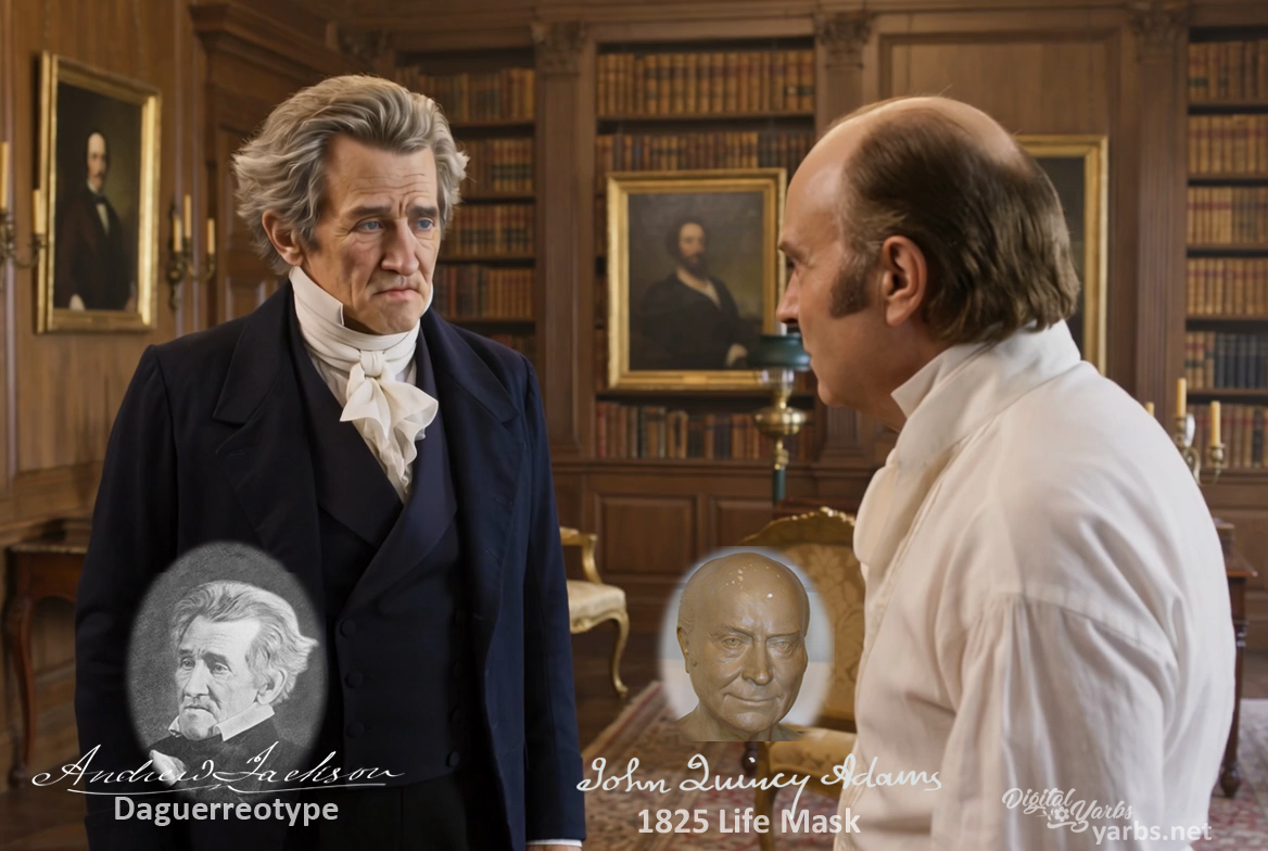 Fictional fight scene between Andrew Jackson and John Quincy Adams, featuring historically reconstructed likenesses based on Jackson's authentic daguerreotypes and Adams' 1825 life mask