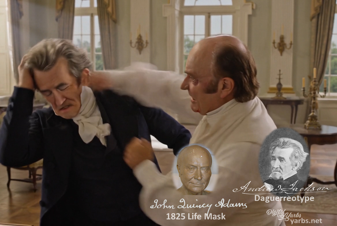 Fictional fight scene between Andrew Jackson and John Quincy Adams, featuring historically reconstructed likenesses based on Jackson's authentic daguerreotypes and Adams' 1825 life mask