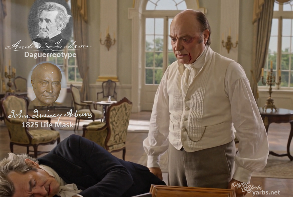 Fictional fight scene between Andrew Jackson and John Quincy Adams, featuring historically reconstructed likenesses based on Jackson's authentic daguerreotypes and Adams' 1825 life mask