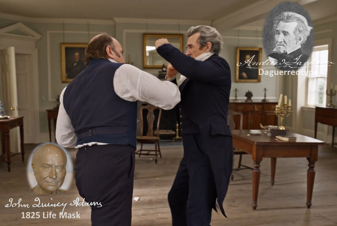 Fictional fight scene between Andrew Jackson and John Quincy Adams, featuring historically reconstructed likenesses based on Jackson's authentic daguerreotypes and Adams's 1825 life mask
