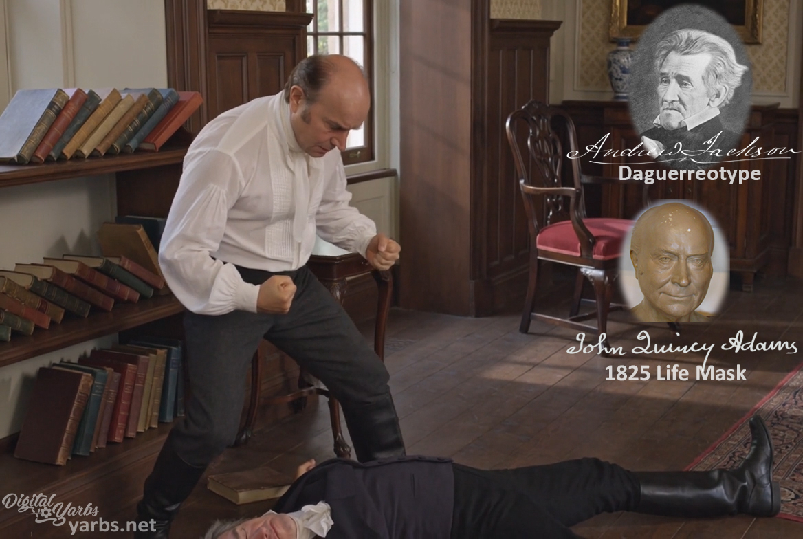 Fictional fight scene between Andrew Jackson and John Quincy Adams, featuring historically reconstructed likenesses based on Jackson's authentic daguerreotypes and Adams' 1825 life mask