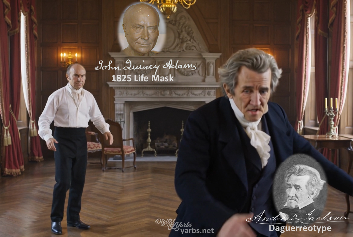 Fictional fight scene between Andrew Jackson and John Quincy Adams, featuring historically reconstructed likenesses based on Jackson's authentic daguerreotypes and Adams's 1825 life mask