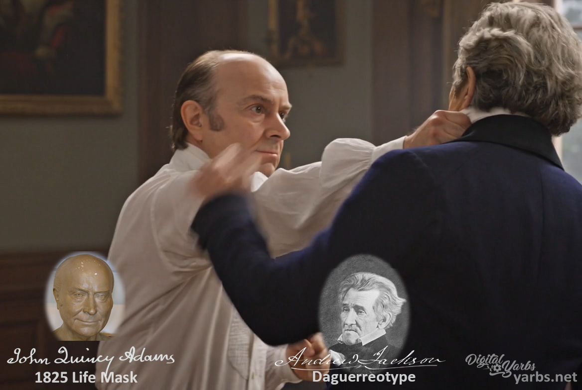 Fictional fight scene between Andrew Jackson and John Quincy Adams, featuring historically reconstructed likenesses based on Jackson's authentic daguerreotypes and Adams' 1825 life mask