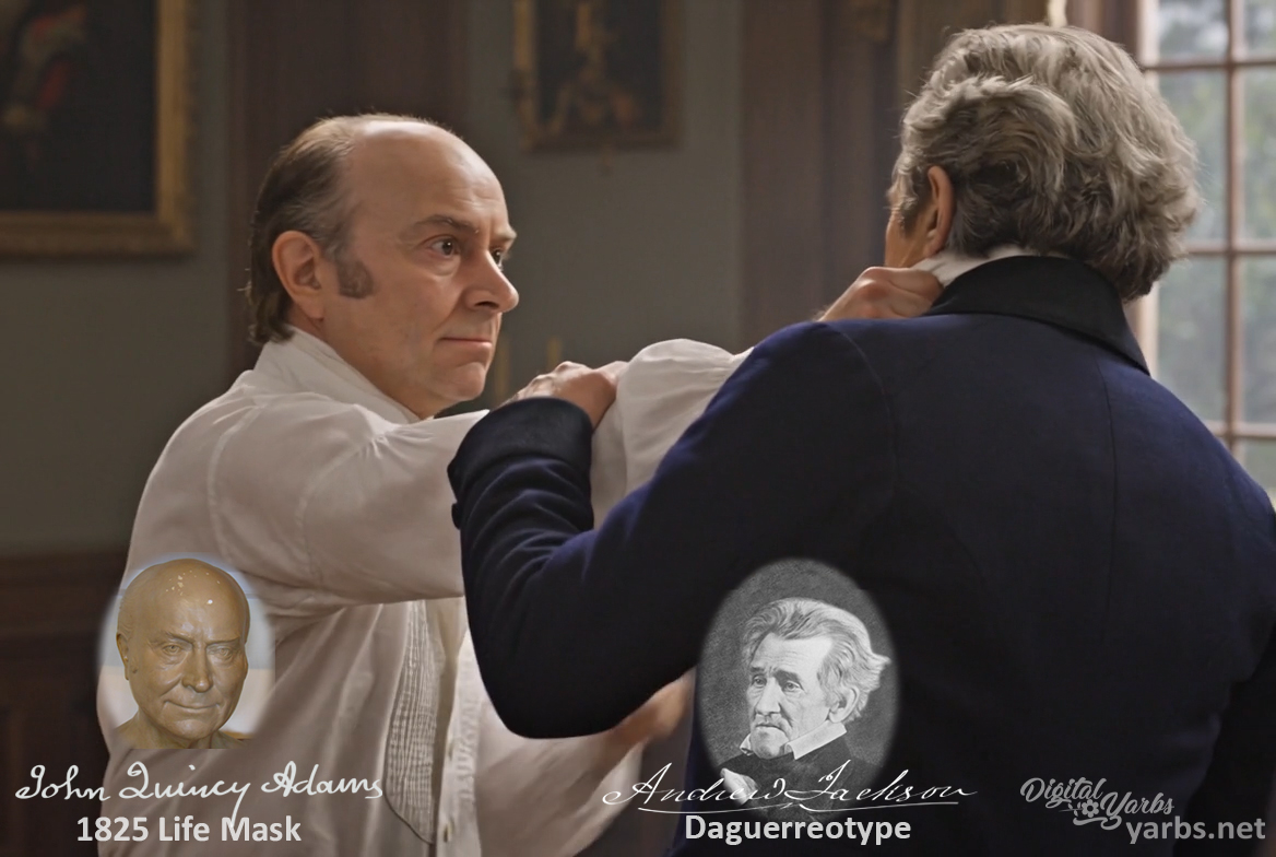 Fictional fight scene between Andrew Jackson and John Quincy Adams, featuring historically reconstructed likenesses based on Jackson's authentic daguerreotypes and Adams' 1825 life mask