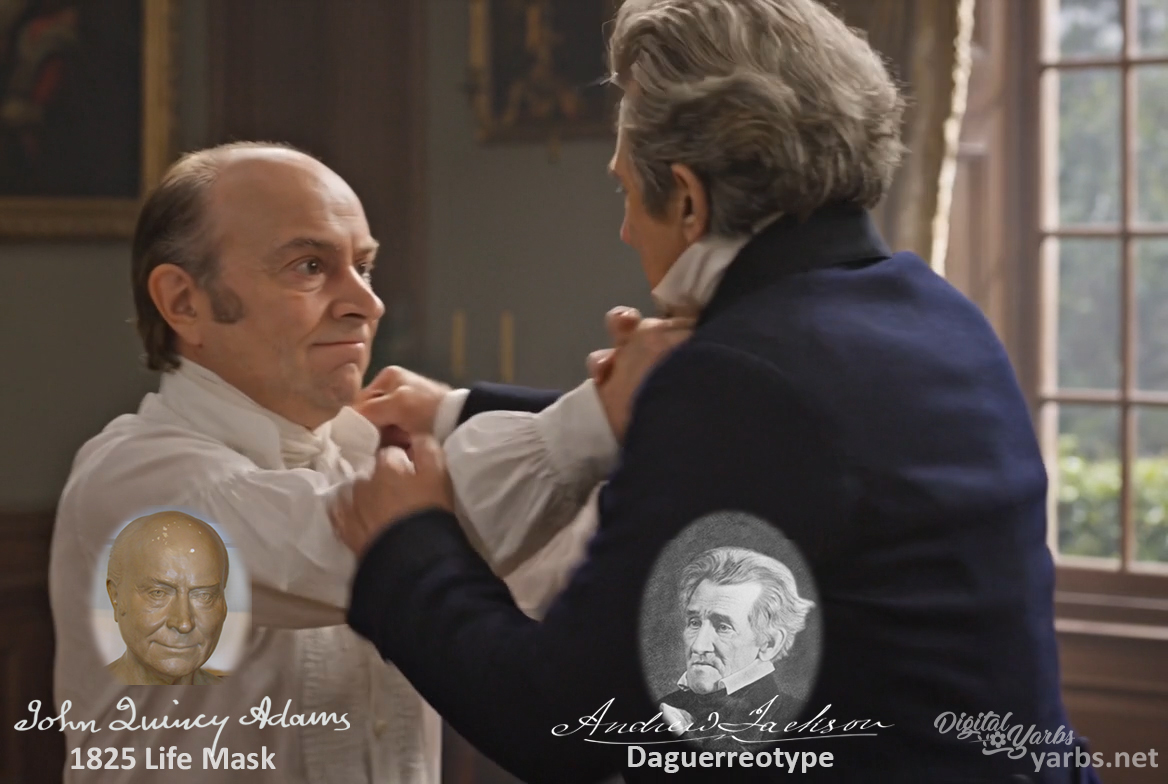 Fictional fight scene between Andrew Jackson and John Quincy Adams, featuring historically reconstructed likenesses based on Jackson's authentic daguerreotypes and Adams' 1825 life mask