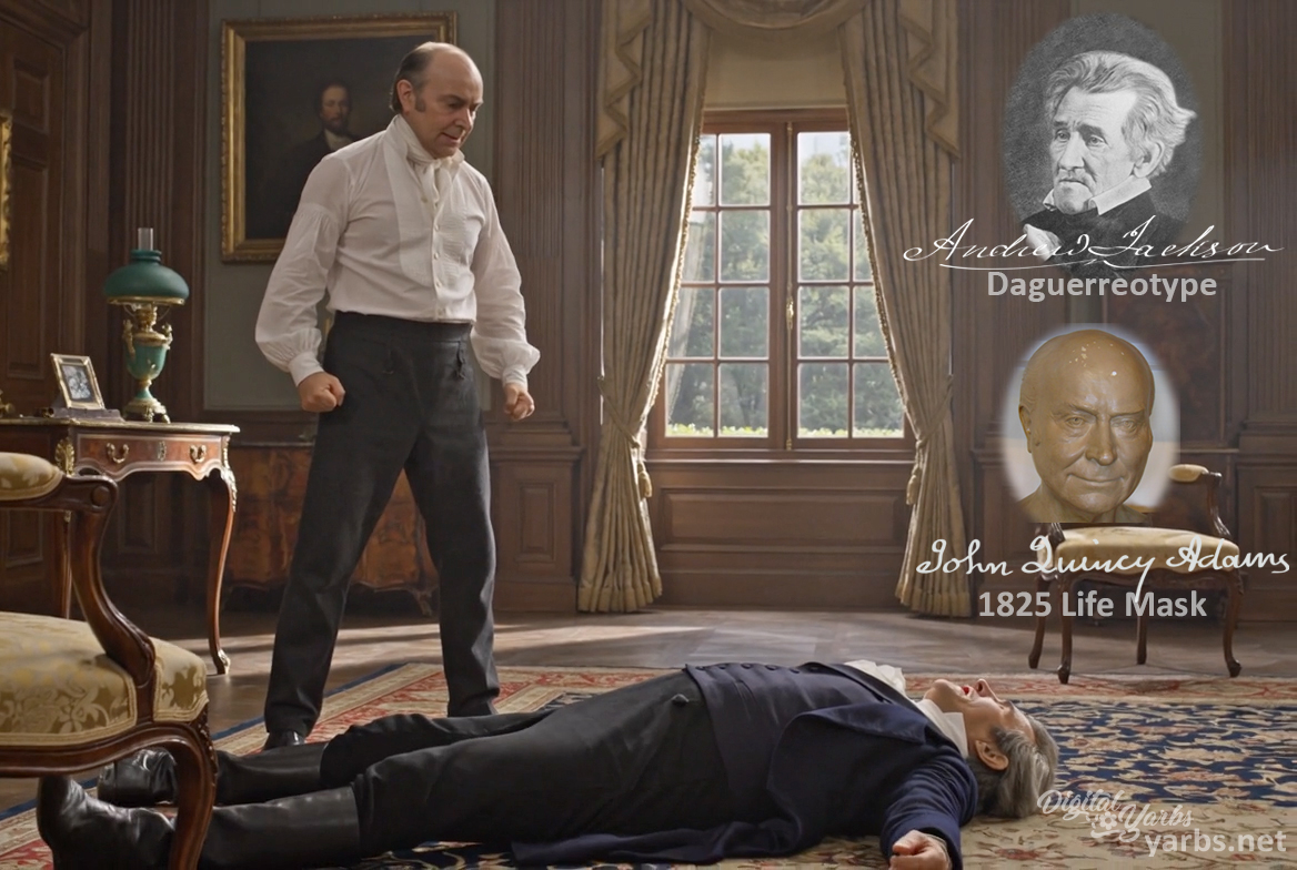 Fictional fight scene between Andrew Jackson and John Quincy Adams, featuring historically reconstructed likenesses based on Jackson's authentic daguerreotypes and Adams' 1825 life mask