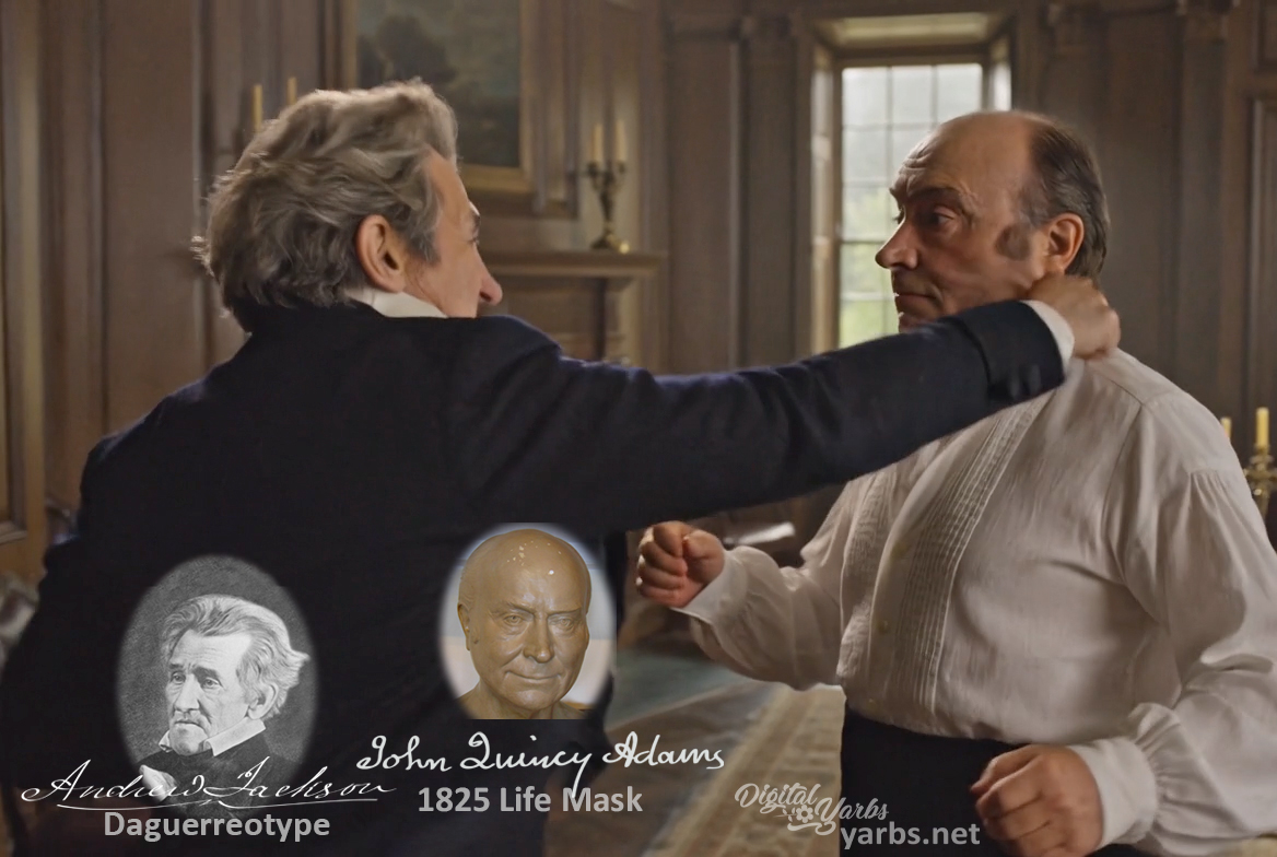 Fictional fight scene between Andrew Jackson and John Quincy Adams, featuring historically reconstructed likenesses based on Jackson's authentic daguerreotypes and Adams' 1825 life mask