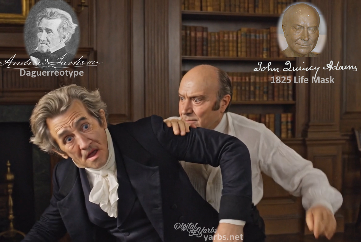Fictional fight scene between Andrew Jackson and John Quincy Adams, featuring historically reconstructed likenesses based on Jackson's authentic daguerreotypes and Adams' 1825 life mask