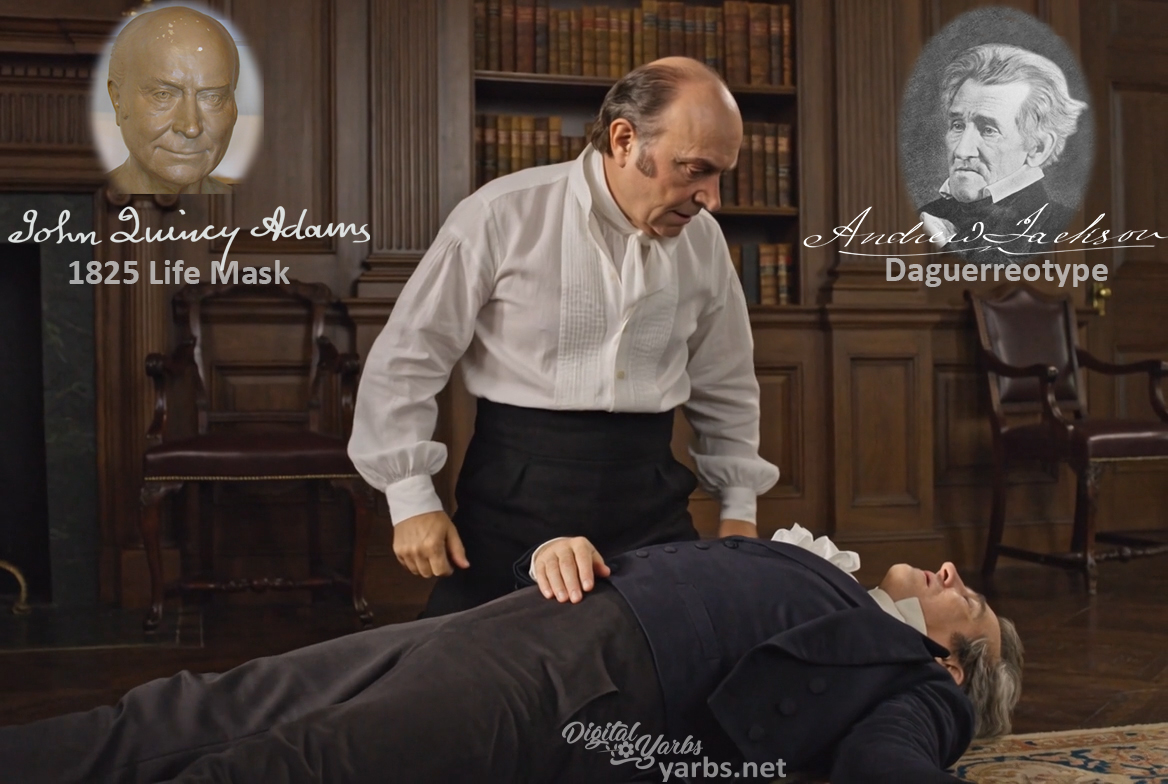 Fictional fight scene between Andrew Jackson and John Quincy Adams, featuring historically reconstructed likenesses based on Jackson's authentic daguerreotypes and Adams' 1825 life mask