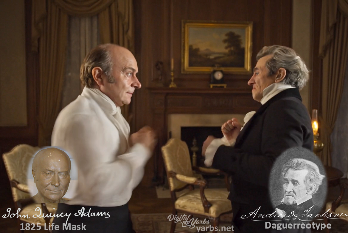 Fictional fight scene between Andrew Jackson and John Quincy Adams, featuring historically reconstructed likenesses based on Jackson's authentic daguerreotypes and Adams' 1825 life mask