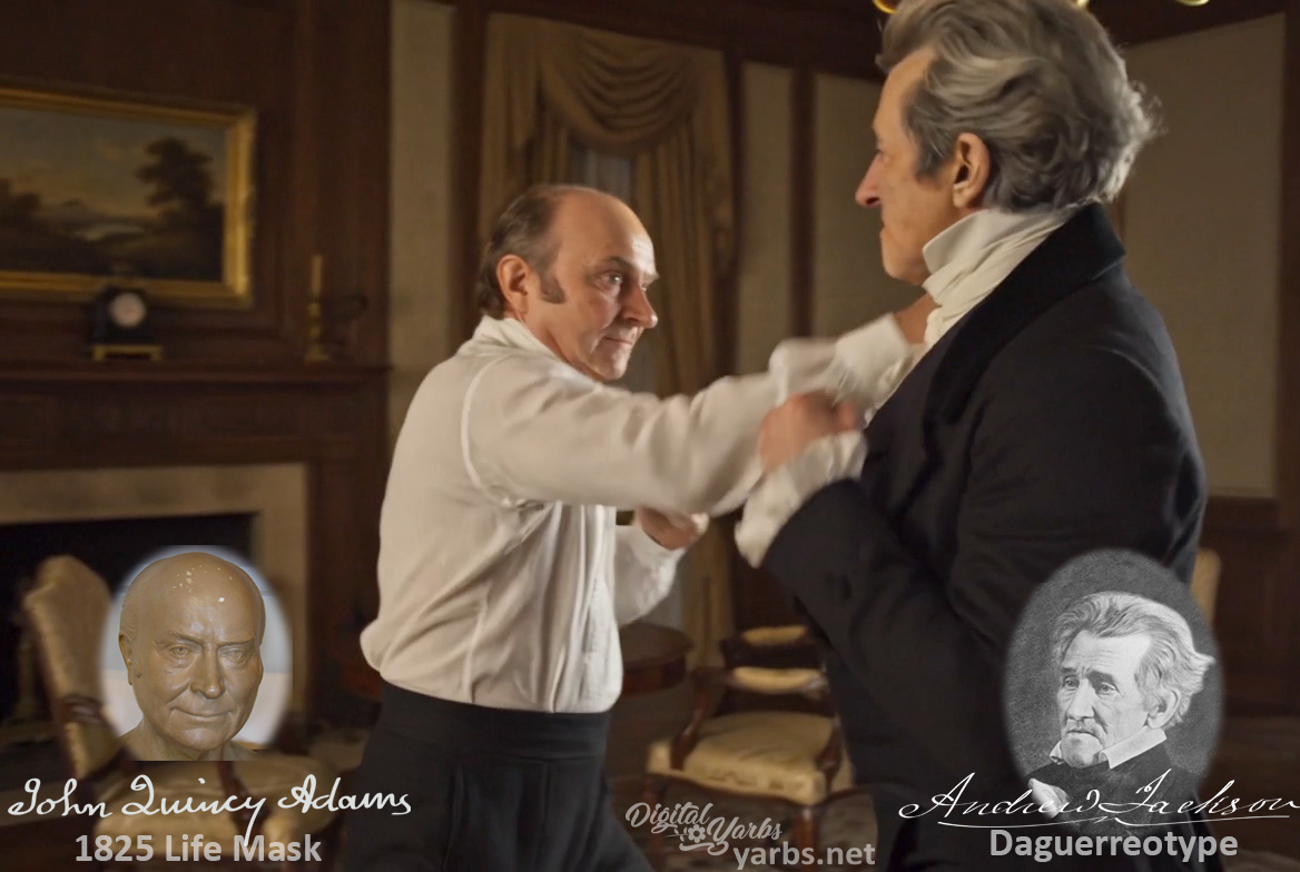 Fictional fight scene between Andrew Jackson and John Quincy Adams, featuring historically reconstructed likenesses based on Jackson's authentic daguerreotypes and Adams' 1825 life mask