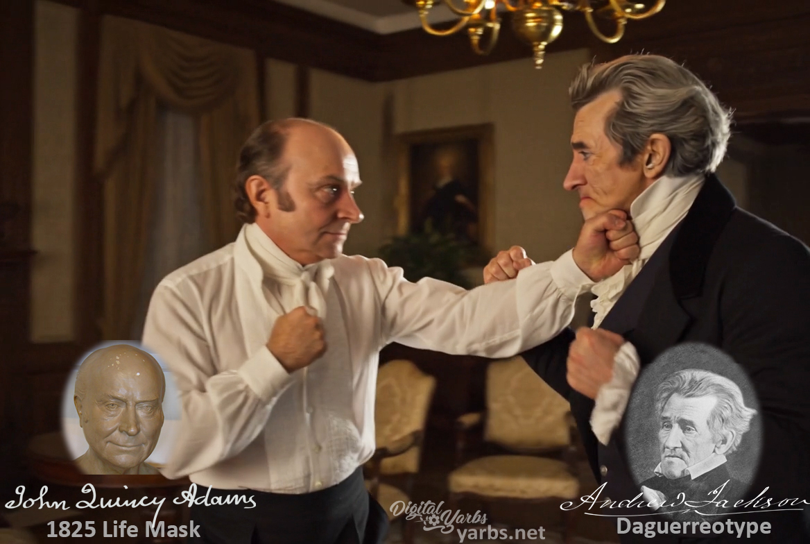 Fictional fight scene between Andrew Jackson and John Quincy Adams, featuring historically reconstructed likenesses based on Jackson's authentic daguerreotypes and Adams' 1825 life mask