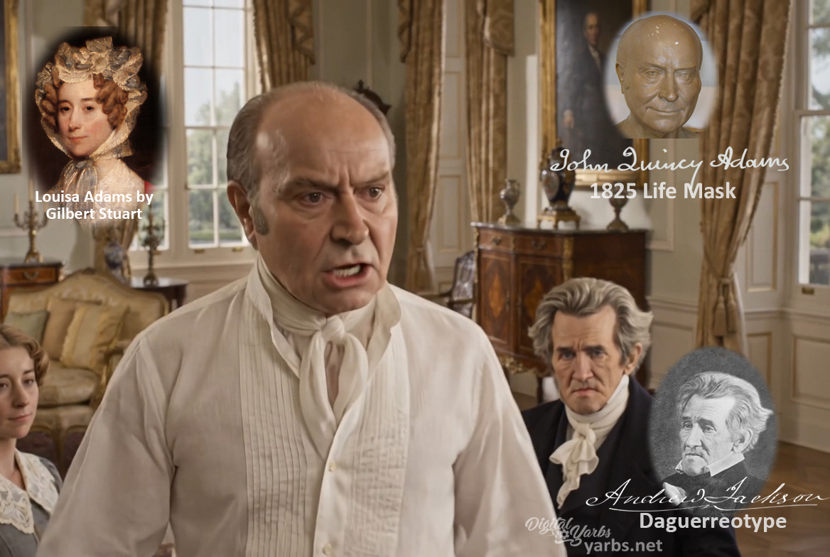 Fictional fight scene between Andrew Jackson and John Quincy Adams, featuring historically reconstructed likenesses based on Jackson's authentic daguerreotypes and Adams' 1825 life mask