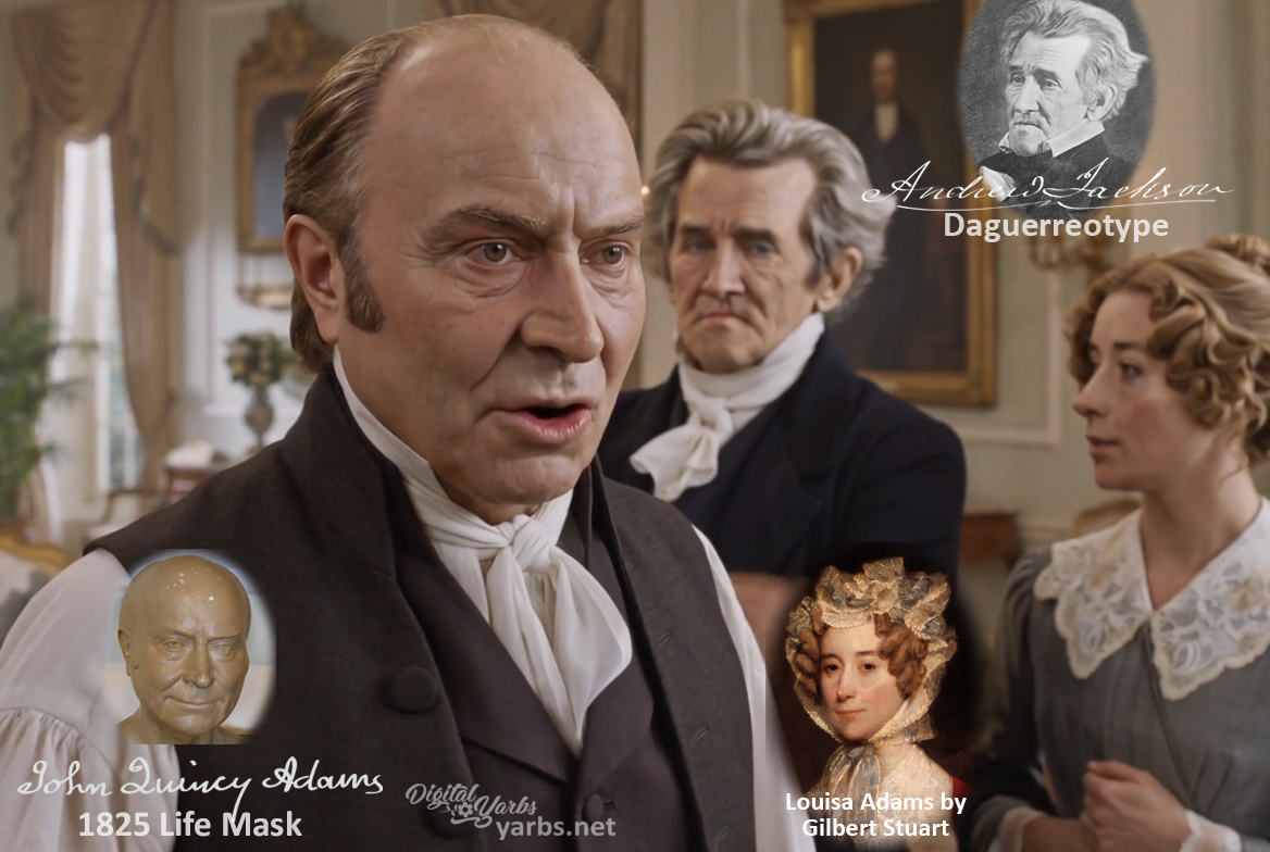 Fictional fight scene between Andrew Jackson and John Quincy Adams, featuring historically reconstructed likenesses based on Jackson's authentic daguerreotypes and Adams' 1825 life mask