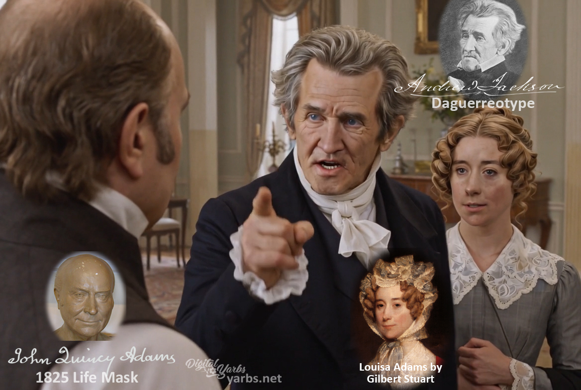 Fictional fight scene between Andrew Jackson and John Quincy Adams, featuring historically reconstructed likenesses based on Jackson's authentic daguerreotypes and Adams' 1825 life mask