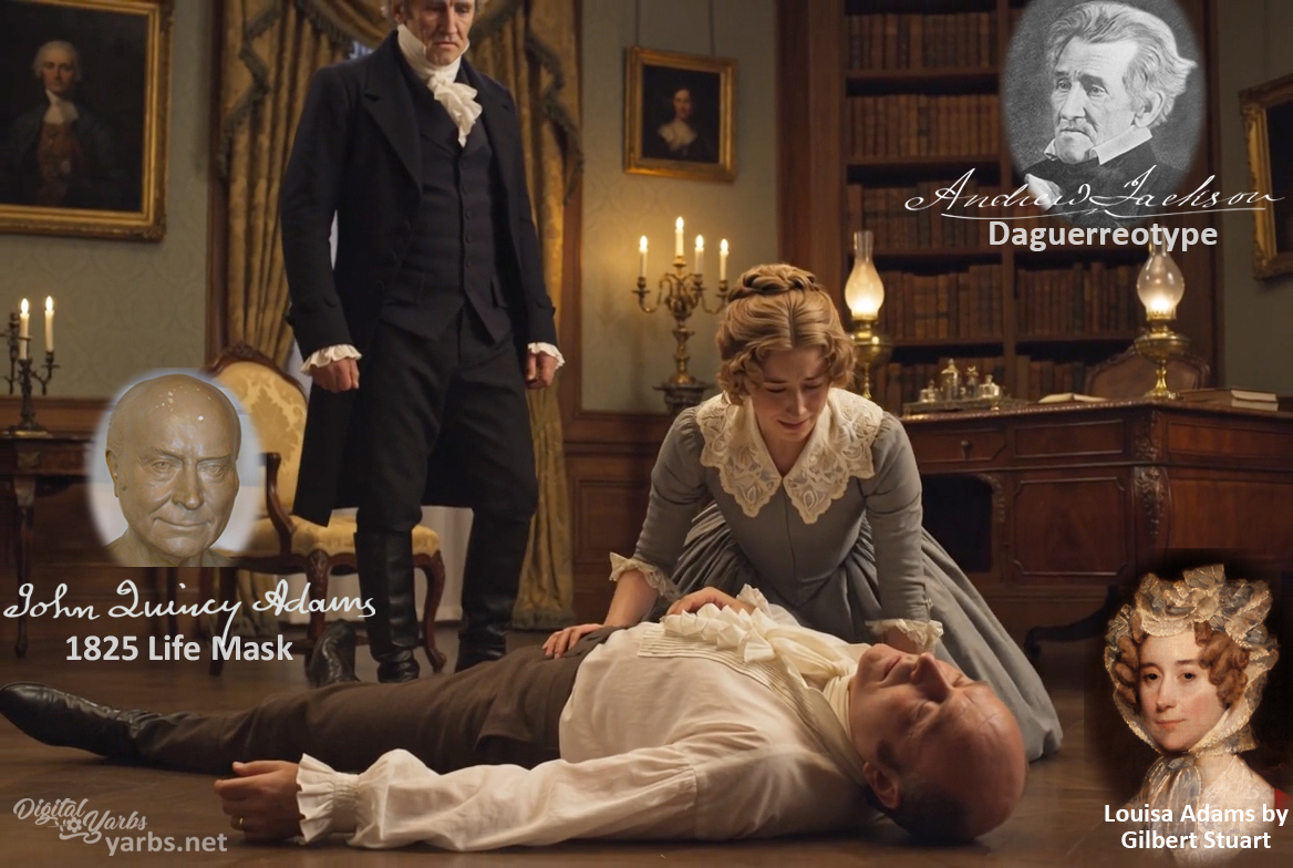 Fictional fight scene between Andrew Jackson and John Quincy Adams, featuring historically reconstructed likenesses based on Jackson's authentic daguerreotypes and Adams' 1825 life mask