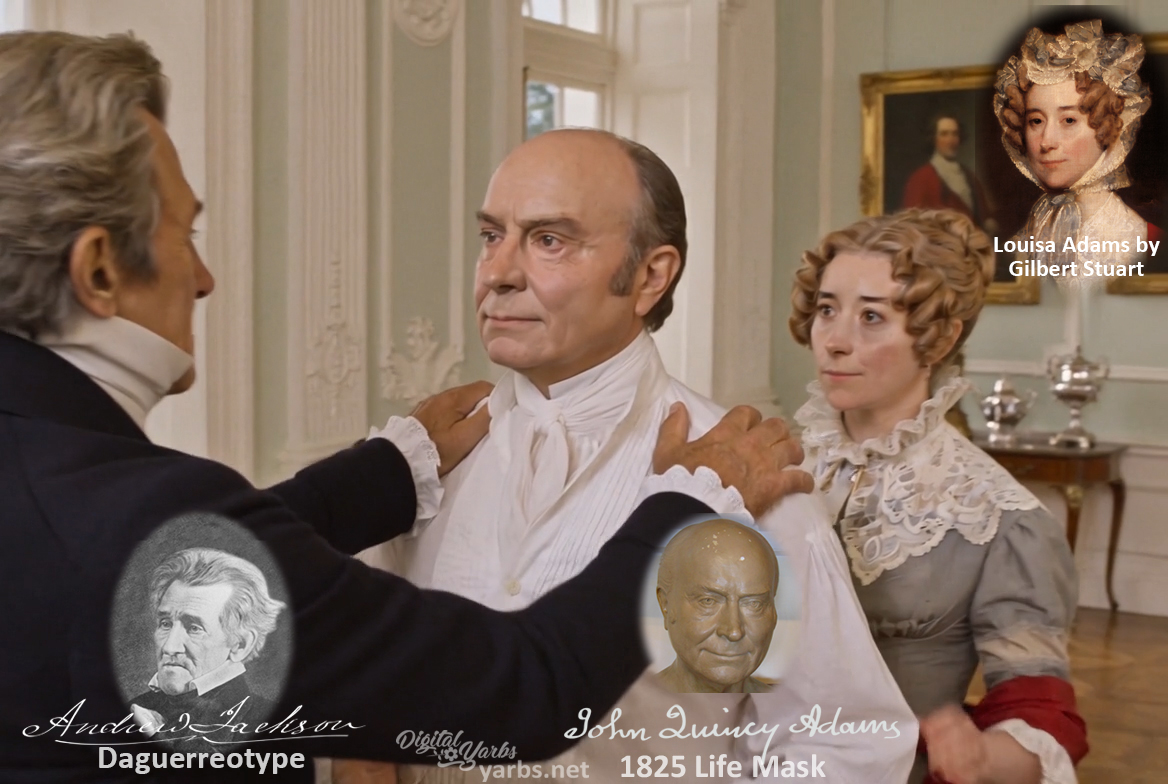 Fictional fight scene between Andrew Jackson and John Quincy Adams, featuring historically reconstructed likenesses based on Jackson's authentic daguerreotypes and Adams' 1825 life mask