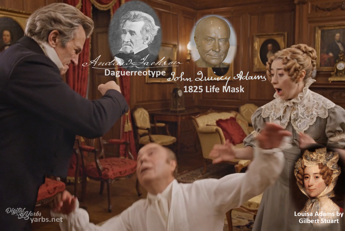 Fictional fight scene between Andrew Jackson and John Quincy Adams, featuring historically reconstructed likenesses based on Jackson's authentic daguerreotypes and Adams' 1825 life mask