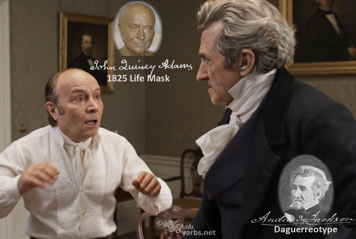 Fictional fight scene between Andrew Jackson and John Quincy Adams, featuring historically reconstructed likenesses based on Jackson's authentic daguerreotypes and Adams's 1825 life mask
