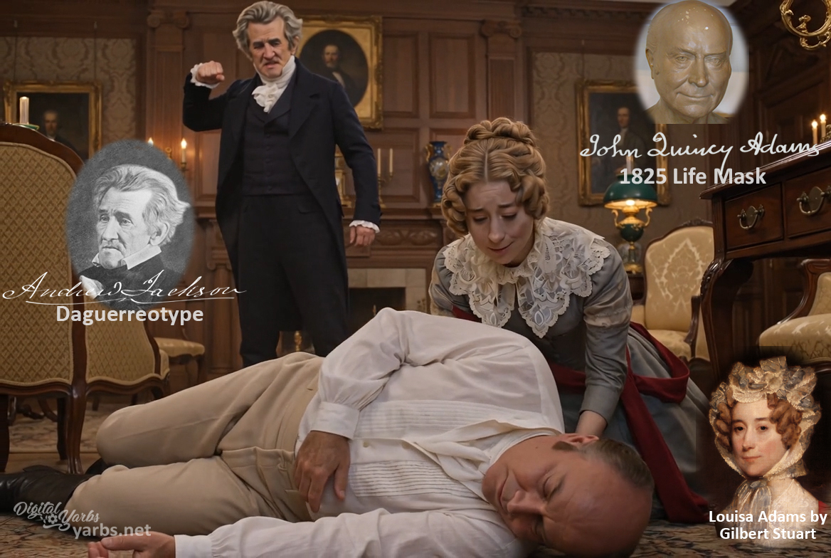 Fictional fight scene between Andrew Jackson and John Quincy Adams, featuring historically reconstructed likenesses based on Jackson's authentic daguerreotypes and Adams' 1825 life mask