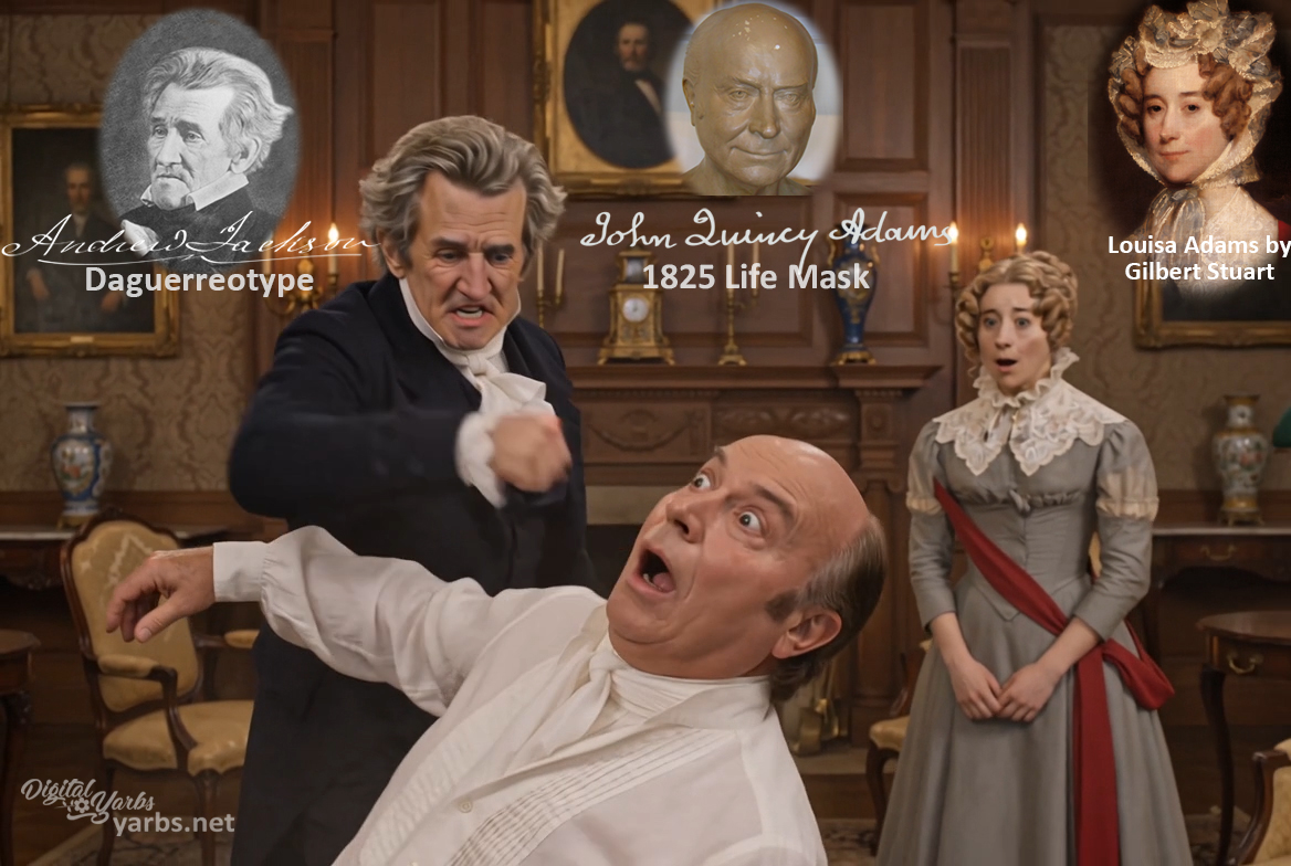 Fictional fight scene between Andrew Jackson and John Quincy Adams, featuring historically reconstructed likenesses based on Jackson's authentic daguerreotypes and Adams' 1825 life mask