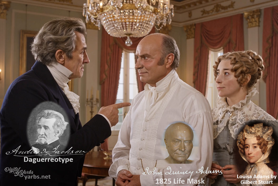 Fictional fight scene between Andrew Jackson and John Quincy Adams, featuring historically reconstructed likenesses based on Jackson's authentic daguerreotypes and Adams' 1825 life mask