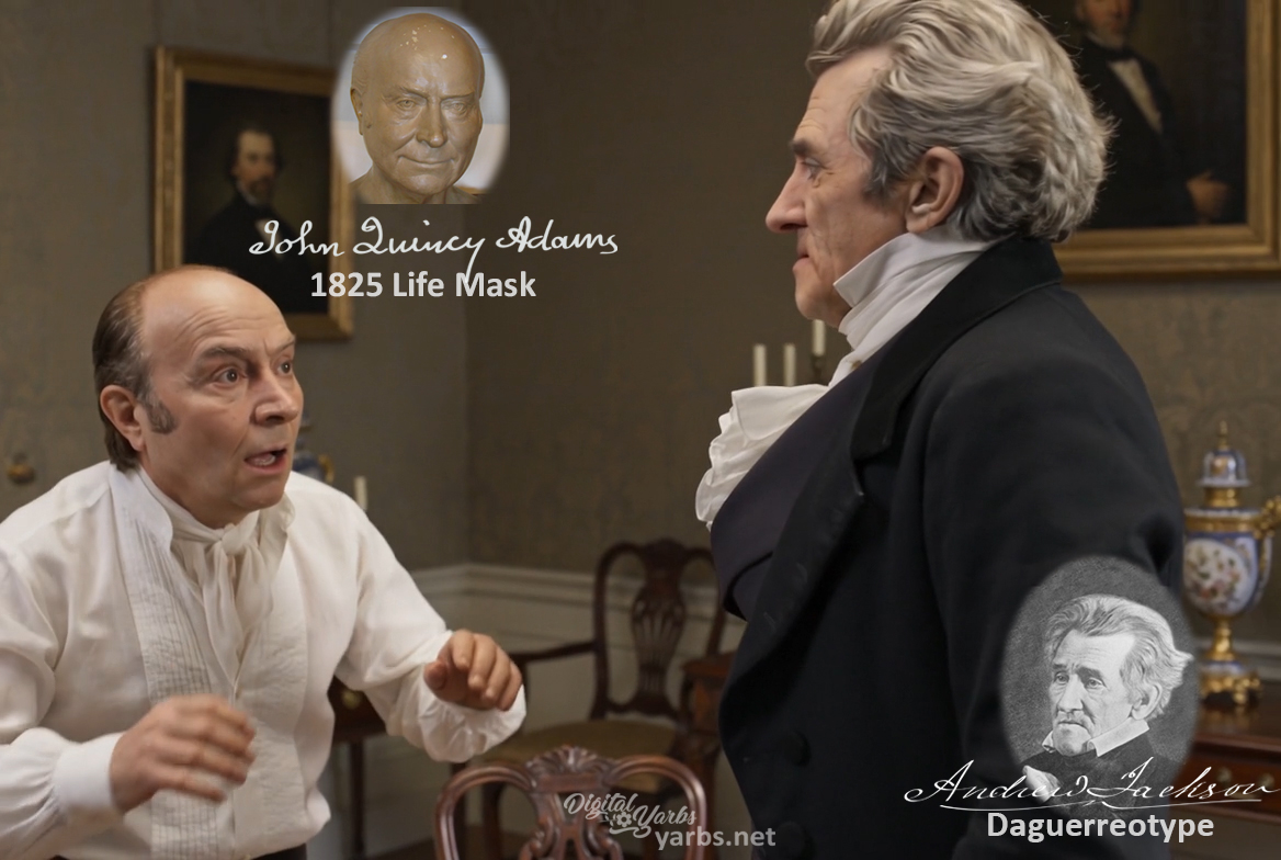 Fictional fight scene between Andrew Jackson and John Quincy Adams, featuring historically reconstructed likenesses based on Jackson's authentic daguerreotypes and Adams's 1825 life mask