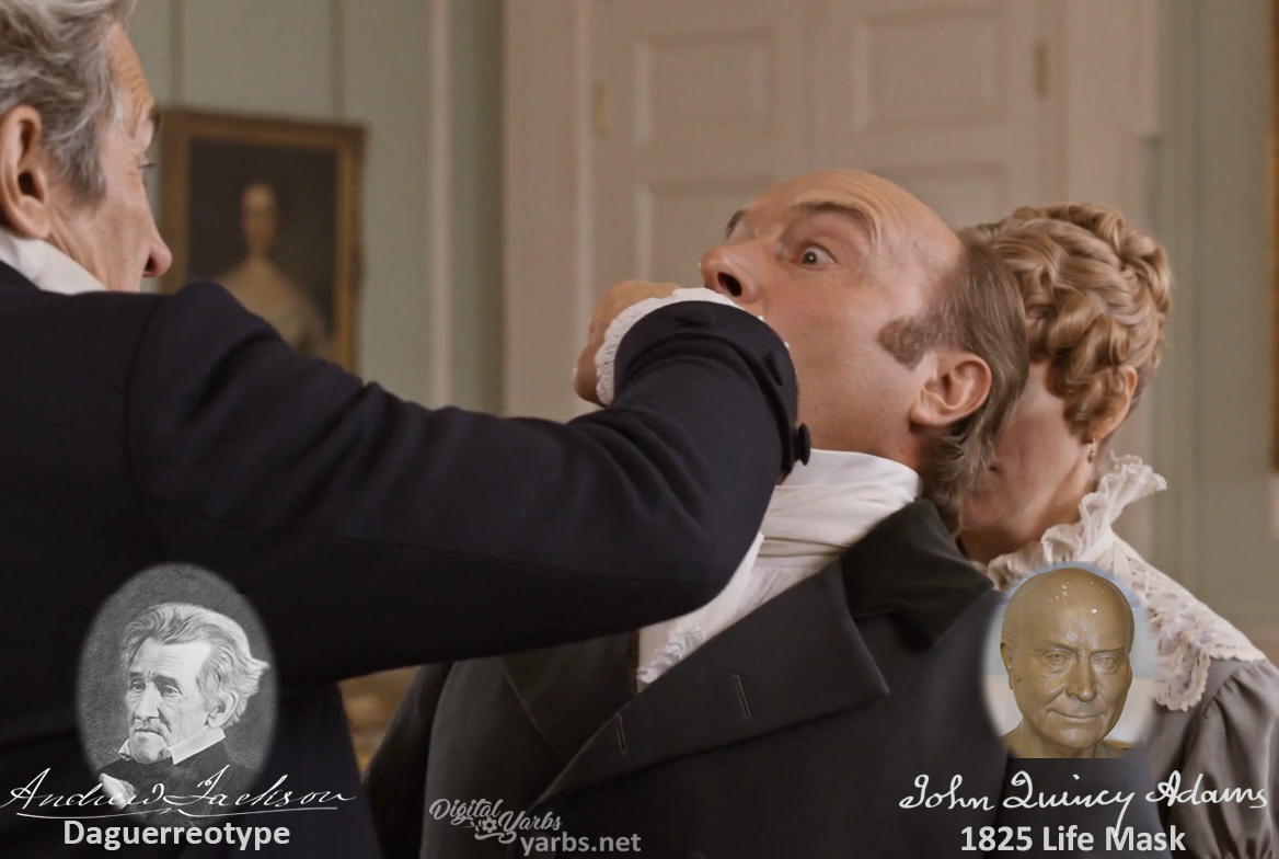 Fictional fight scene between Andrew Jackson and John Quincy Adams, featuring historically reconstructed likenesses based on Jackson's authentic daguerreotypes and Adams' 1825 life mask