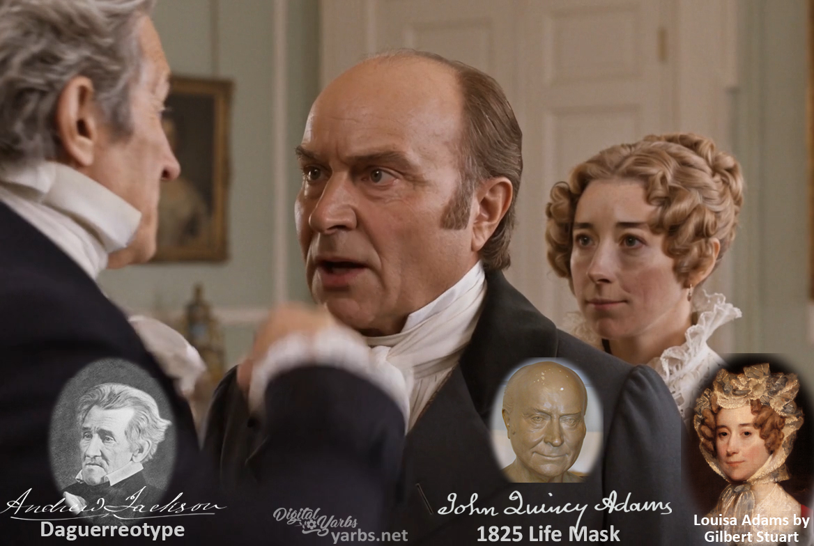 Fictional fight scene between Andrew Jackson and John Quincy Adams, featuring historically reconstructed likenesses based on Jackson's authentic daguerreotypes and Adams' 1825 life mask