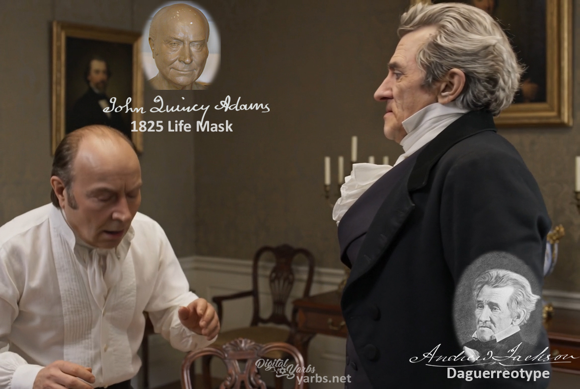 Fictional fight scene between Andrew Jackson and John Quincy Adams, featuring historically reconstructed likenesses based on Jackson's authentic daguerreotypes and Adams's 1825 life mask