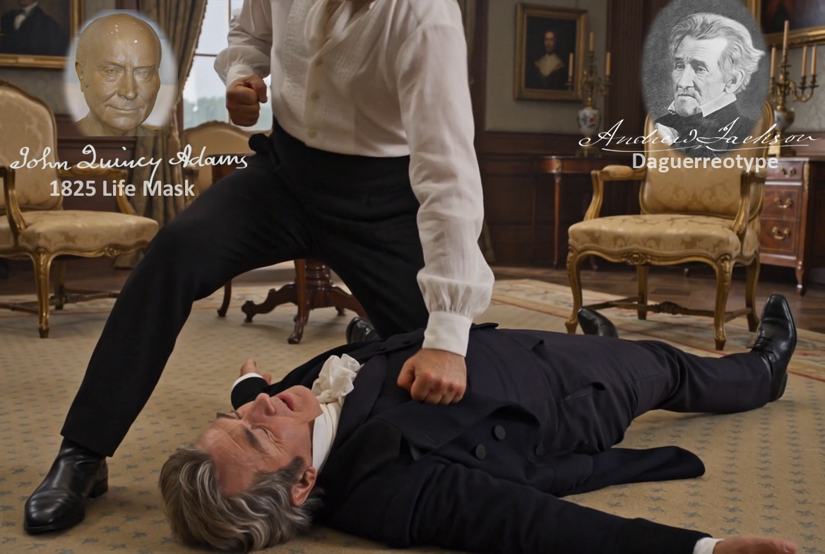 Fictional fight scene between Andrew Jackson and John Quincy Adams, featuring historically reconstructed likenesses based on Jackson's authentic daguerreotypes and Adams's 1825 life mask