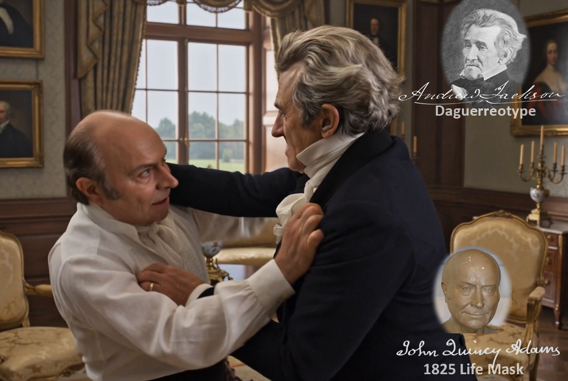 Fictional fight scene between Andrew Jackson and John Quincy Adams, featuring historically reconstructed likenesses based on Jackson's authentic daguerreotypes and Adams's 1825 life mask