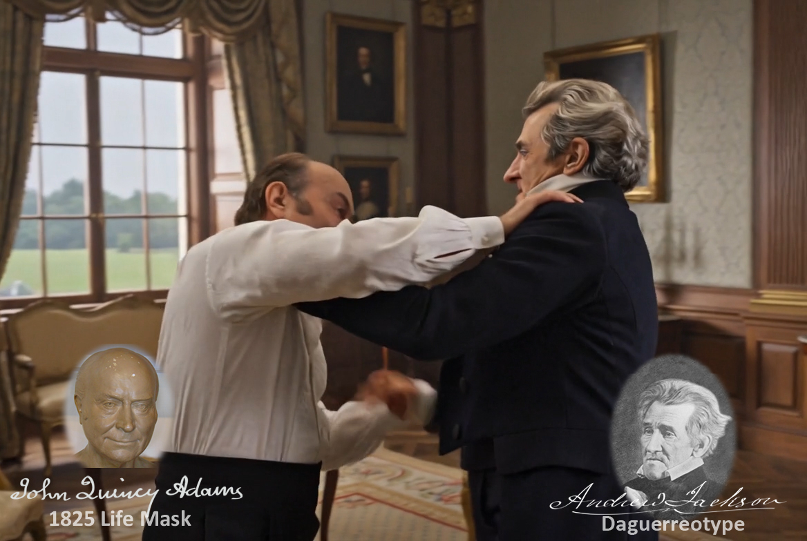 Fictional fight scene between Andrew Jackson and John Quincy Adams, featuring historically reconstructed likenesses based on Jackson's authentic daguerreotypes and Adams's 1825 life mask
