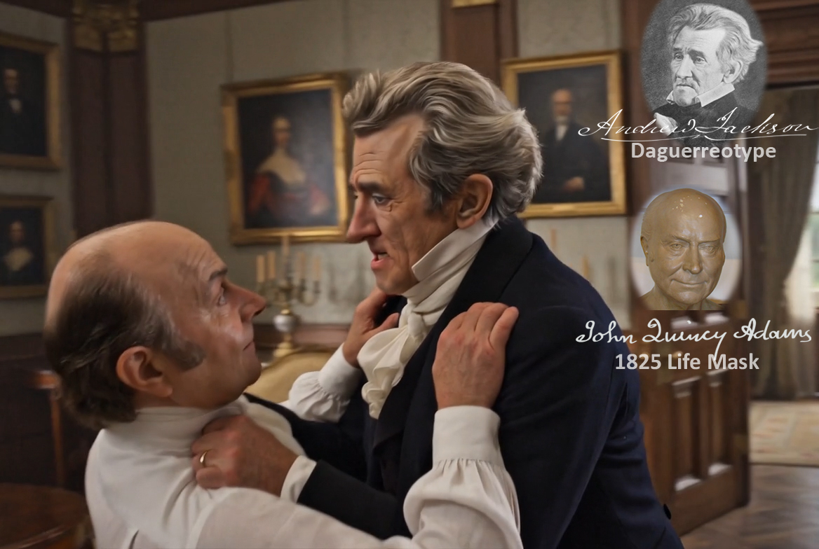 Fictional fight scene between Andrew Jackson and John Quincy Adams, featuring historically reconstructed likenesses based on Jackson's authentic daguerreotypes and Adams's 1825 life mask