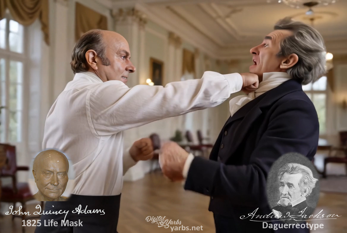 Fictional fight scene between Andrew Jackson and John Quincy Adams, featuring historically reconstructed likenesses based on Jackson's authentic daguerreotypes and Adams's 1825 life mask