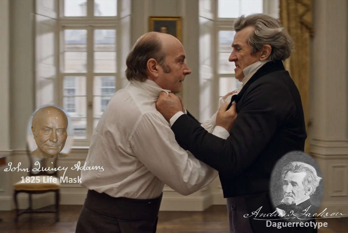Fictional fight scene between Andrew Jackson and John Quincy Adams, featuring historically reconstructed likenesses based on Jackson's authentic daguerreotypes and Adams's 1825 life mask