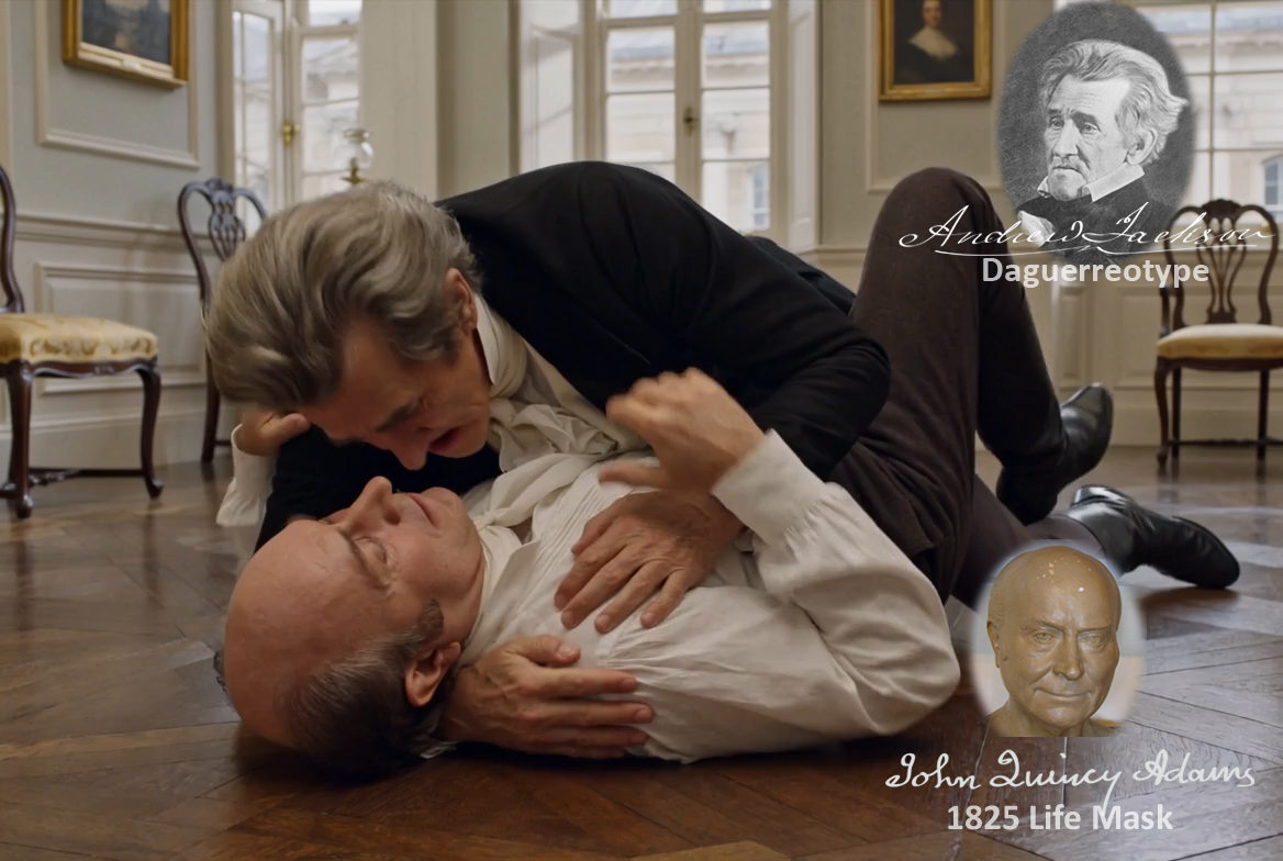 Fictional fight scene between Andrew Jackson and John Quincy Adams, featuring historically reconstructed likenesses based on Jackson's authentic daguerreotypes and Adams's 1825 life mask