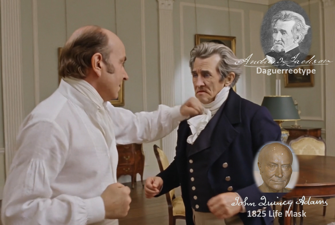 Fictional fight scene between Andrew Jackson and John Quincy Adams, featuring historically reconstructed likenesses based on Jackson's authentic daguerreotypes and Adams's 1825 life mask