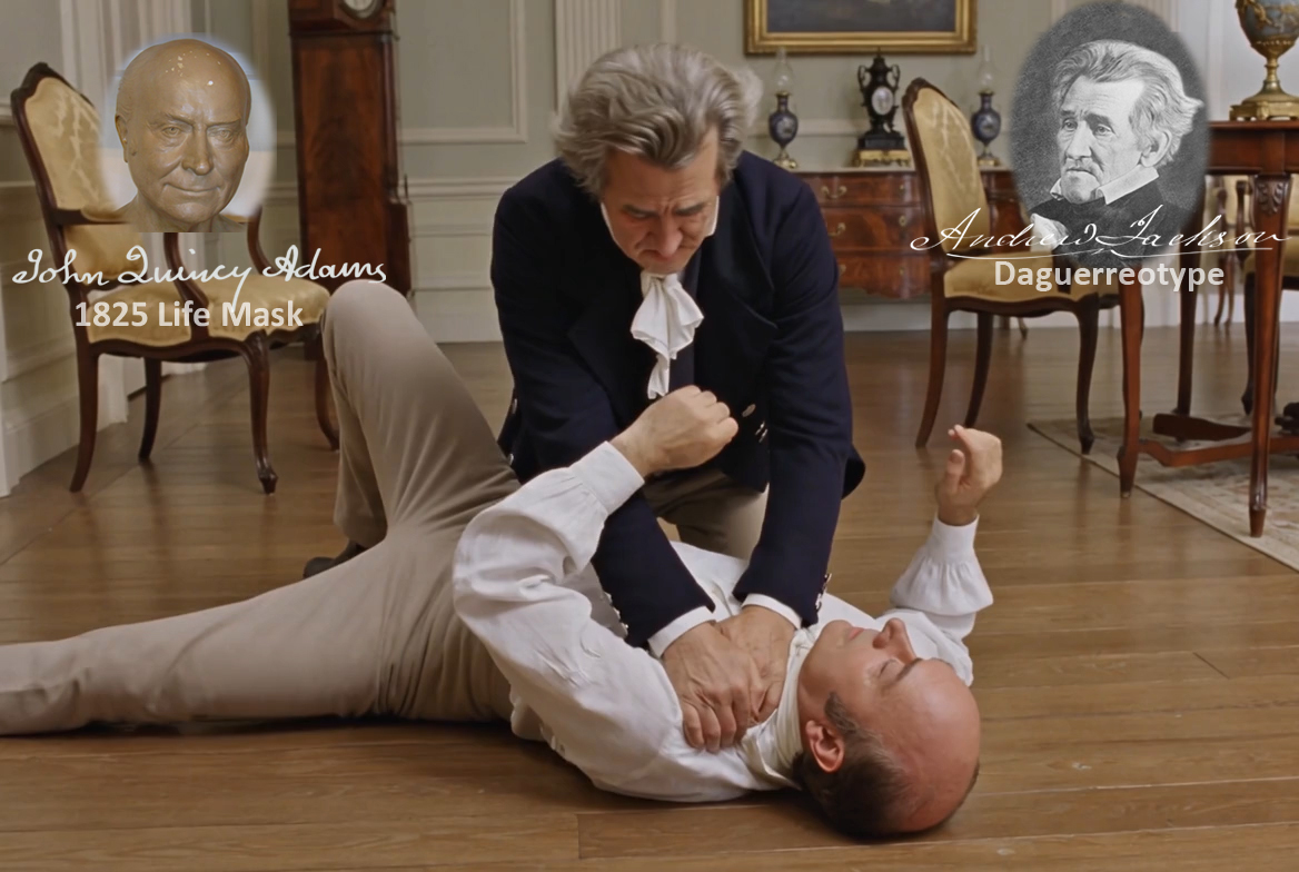 Fictional fight scene between Andrew Jackson and John Quincy Adams, featuring historically reconstructed likenesses based on Jackson's authentic daguerreotypes and Adams's 1825 life mask