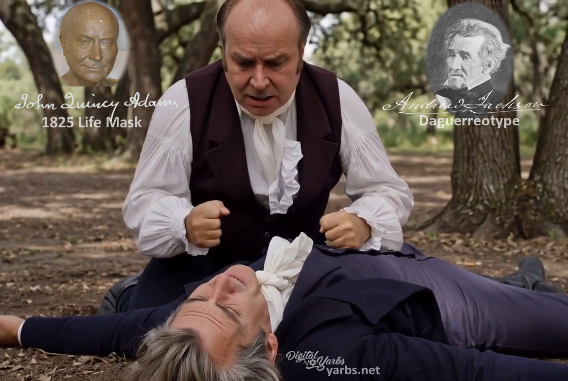 Fictional fight scene between Andrew Jackson and John Quincy Adams, featuring historically reconstructed likenesses based on Jackson's authentic daguerreotypes and Adams's 1825 life mask