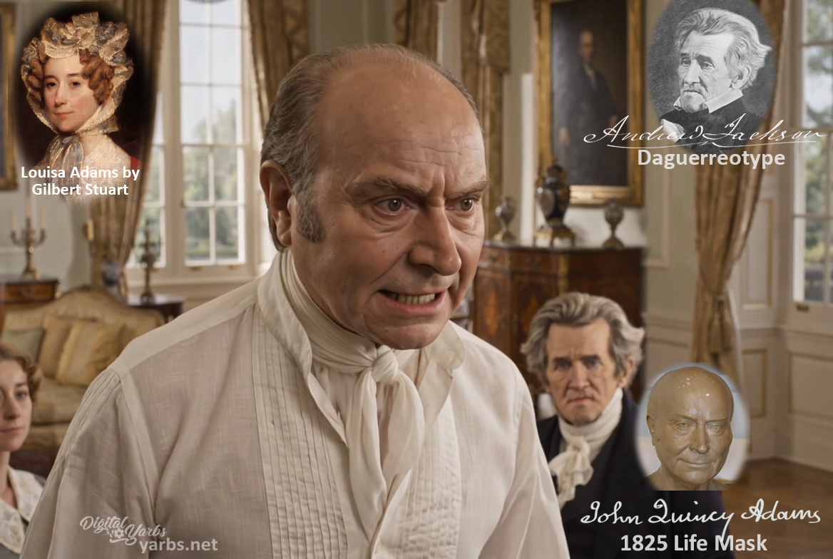 Fictional fight scene between Andrew Jackson and John Quincy Adams, featuring historically reconstructed likenesses based on Jackson's authentic daguerreotypes and Adams's 1825 life mask