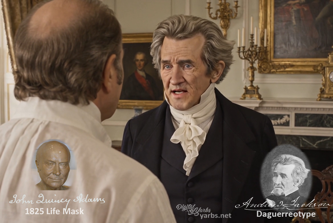 Fictional fight scene between Andrew Jackson and John Quincy Adams, featuring historically reconstructed likenesses based on Jackson's authentic daguerreotypes and Adams's 1825 life mask
