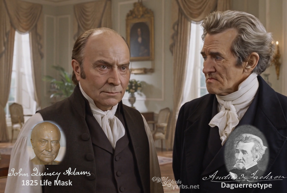 Fictional fight scene between Andrew Jackson and John Quincy Adams, featuring historically reconstructed likenesses based on Jackson's authentic daguerreotypes and Adams's 1825 life mask