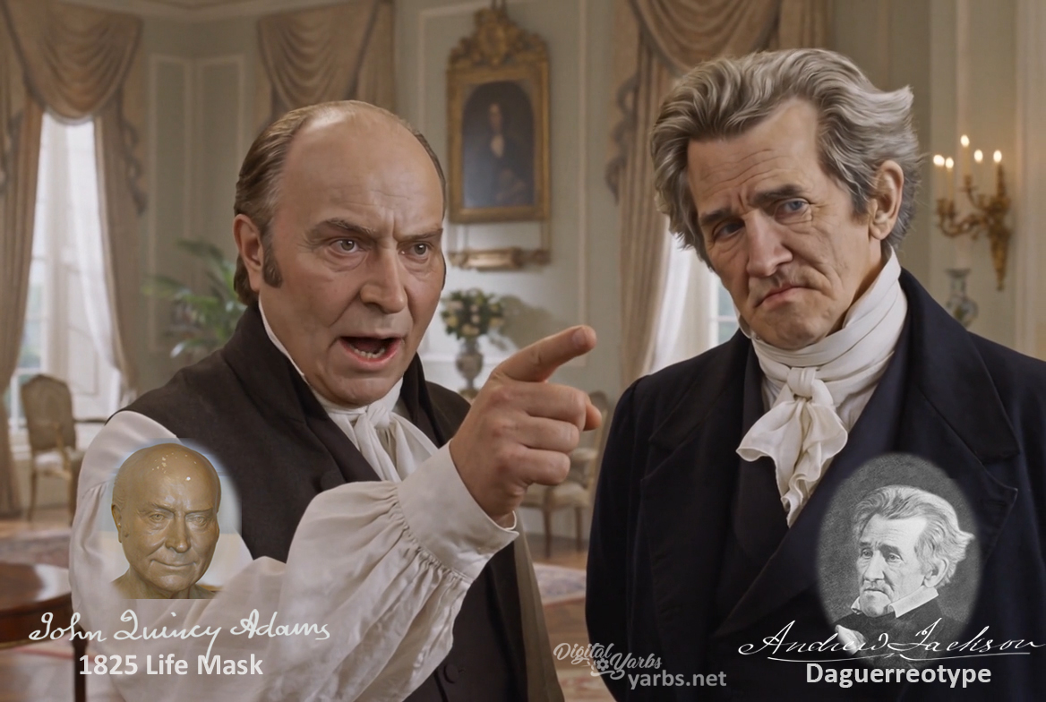 Fictional fight scene between Andrew Jackson and John Quincy Adams, featuring historically reconstructed likenesses based on Jackson's authentic daguerreotypes and Adams's 1825 life mask
