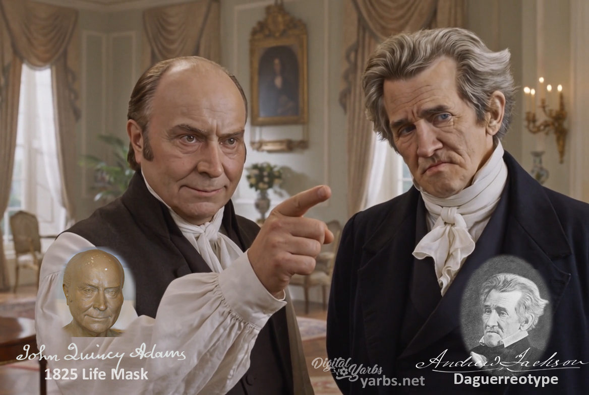 Fictional fight scene between Andrew Jackson and John Quincy Adams, featuring historically reconstructed likenesses based on Jackson's authentic daguerreotypes and Adams's 1825 life mask