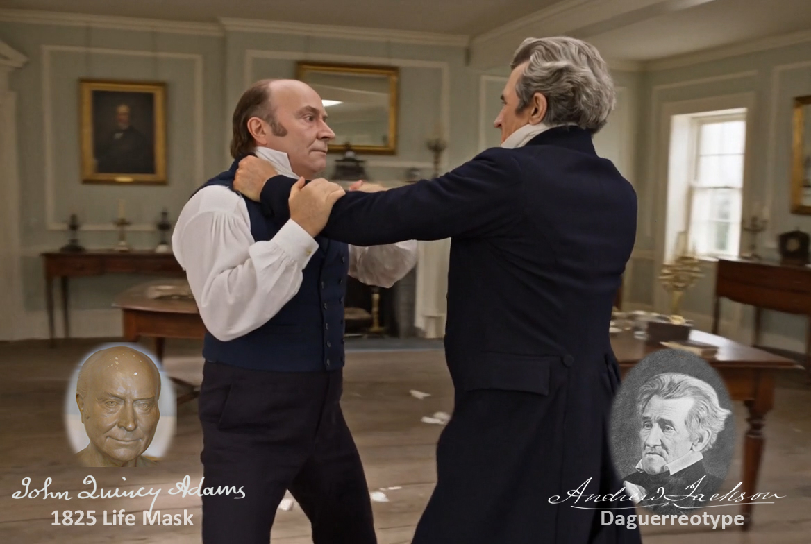 Fictional fight scene between Andrew Jackson and John Quincy Adams, featuring historically reconstructed likenesses based on Jackson's authentic daguerreotypes and Adams's 1825 life mask