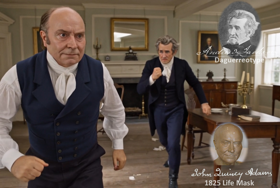 Fictional fight scene between Andrew Jackson and John Quincy Adams, featuring historically reconstructed likenesses based on Jackson's authentic daguerreotypes and Adams's 1825 life mask