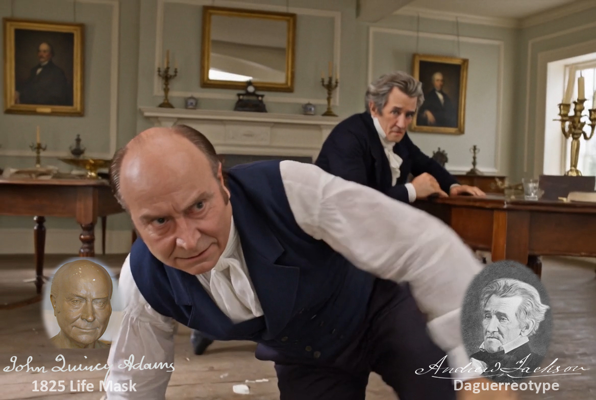Fictional fight scene between Andrew Jackson and John Quincy Adams, featuring historically reconstructed likenesses based on Jackson's authentic daguerreotypes and Adams's 1825 life mask